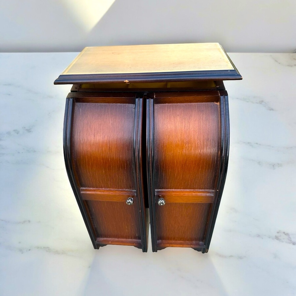 Vtg 70s Maple 3 Tier Dual Cabinets Yellow Velvet Lined Vanity Top Jewelry Box